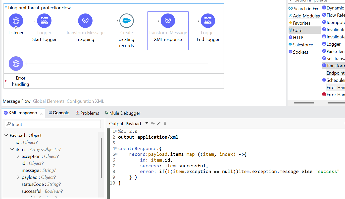 Transform message to transform the response to XML.