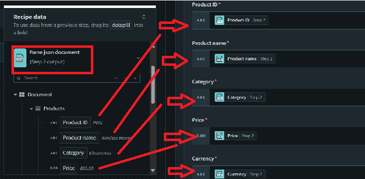 Map data pills from parsed JSON to mapper fields