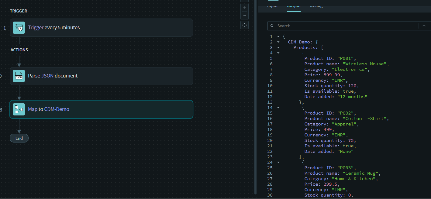 Final output of the recipe using Common Data Model with Workato Mapper.