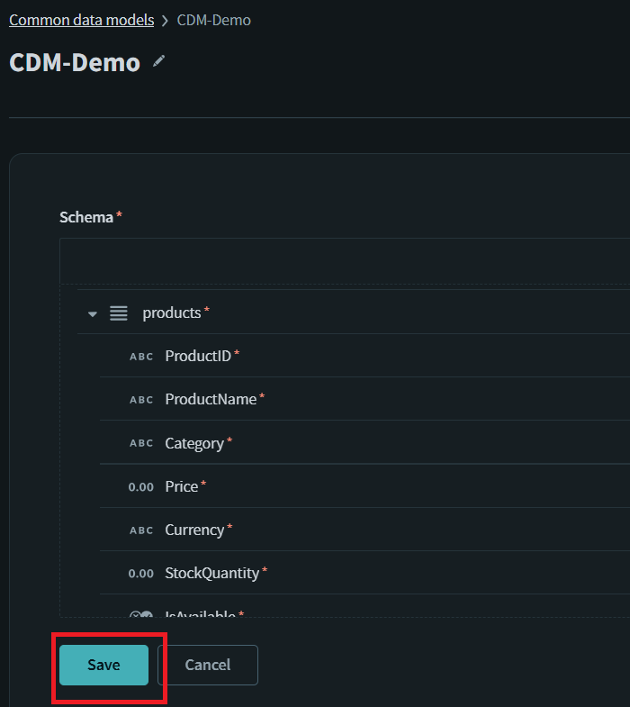 Define the data model structure and save it.
