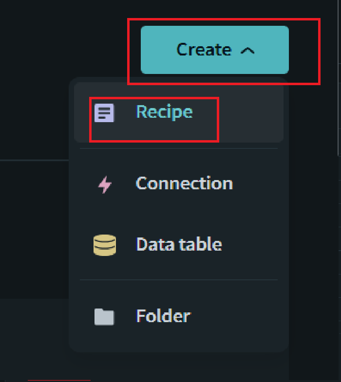 Go to your project, click Create, and select Recipe.