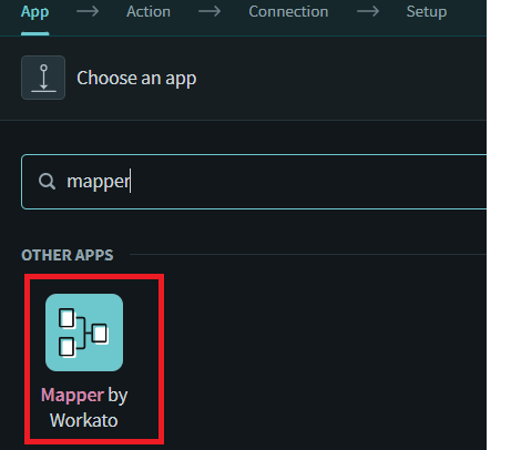 Create another Action and choose Mapper by Workato.