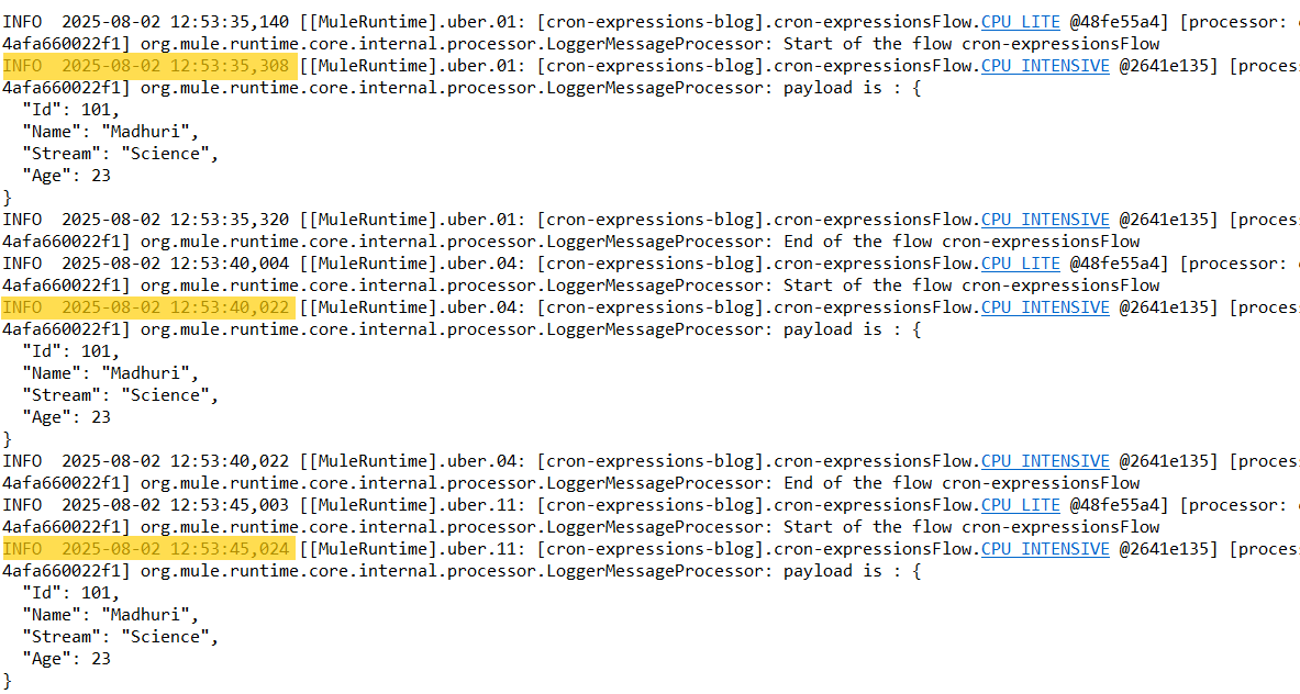 Deploy Mule application and verify output in runtime logs.