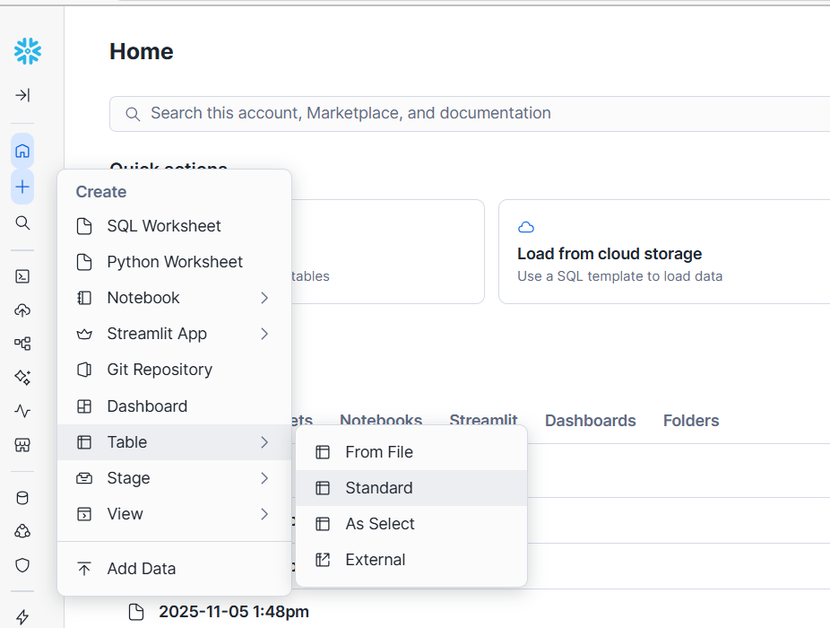 Click + and select Standard table