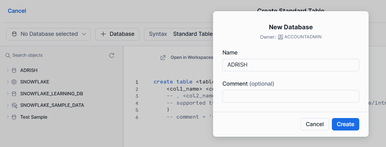 Click +Database, enter name, and create database