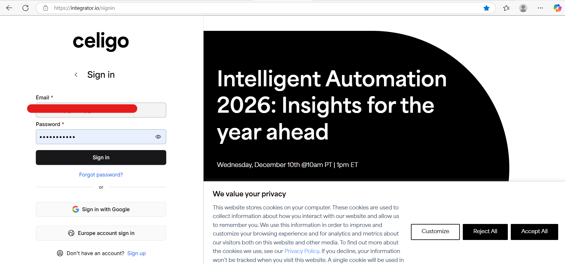 Login to Celigo Integrator.io with email and password